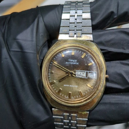 Works Vtg 1970s TIMEX 39mm Automatic Day Date Gold Men's Watch Broken Crown