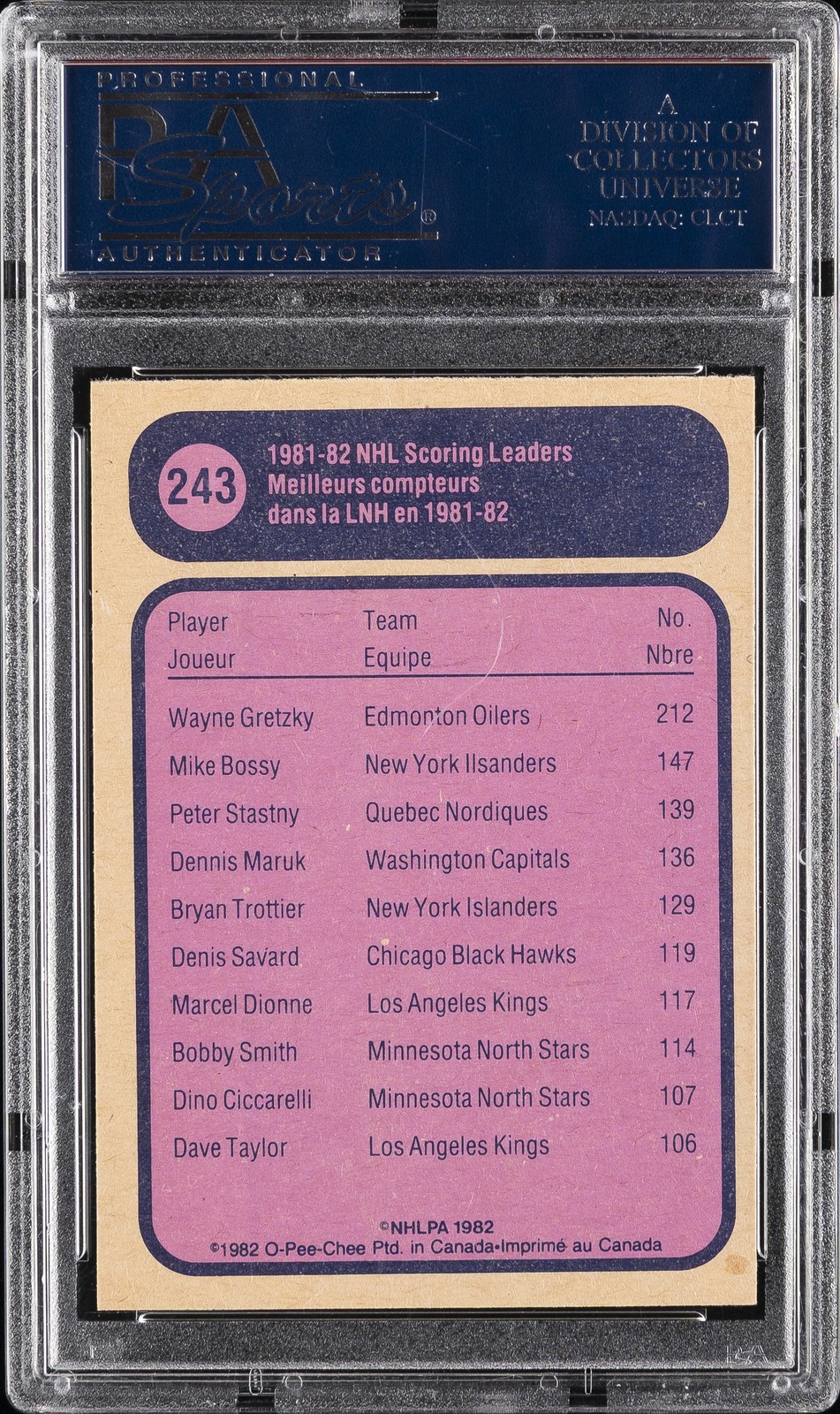 1982 O-PEE-CHEE SCORING LEADER #243 WAYNE GRETZKY PSA 8 view 2