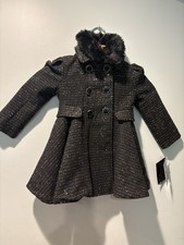 Rothschild Girls Black Tweed Peacoat Fur Collar Button Closure Size 4