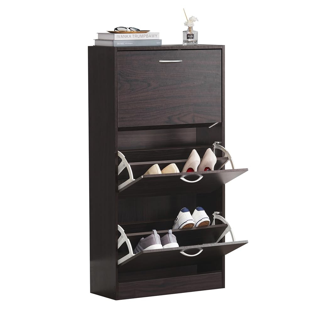 Narrow Shoe Cabinet for Entryway, Tall Freestanding Shoe Rack with 3 Flip-Dra...