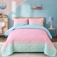 Pink Quilt Set Twin Size Ombre Blue Pink Mint Quilt Sets Girls Bedding Set 2P...