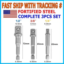 3pc Socket Adapter Set Hex Shank to 1/4" 3/8" 1/2" Impact DRIVER GRADE Drills