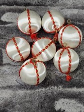 Christmas Ornament Baubles Satin Sheen White Red Ribbon Tassel Vintage Set Of 7
