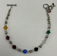 Silver Bracelet Breast Cancer Hope Art Glass Beads Toggle Clasp 7.5" Not Marked