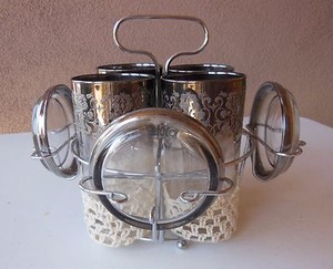 Silver Trimmed Glasses with Silver Trimmed Glass Coasters and Holder - Set of 4