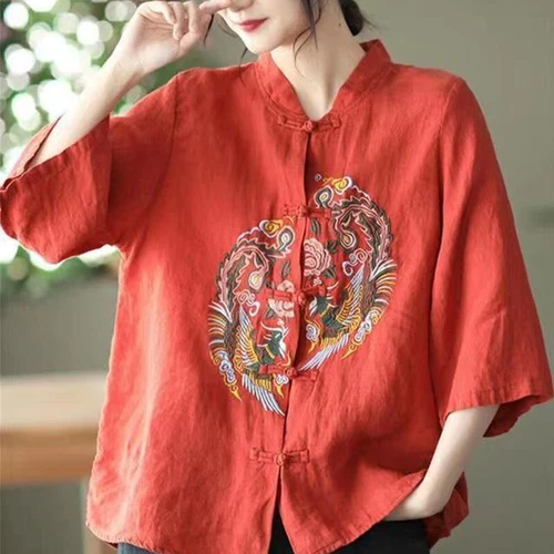 Chinese style cotton linen shirt embroidered top women's stand up collar party- - Bild 6 von 22