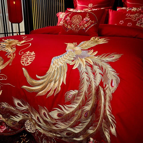 100% Cotton Red Chinese Wedding Bedding Set Luxury Gold Embroidery Queen King - Image 3 of 4