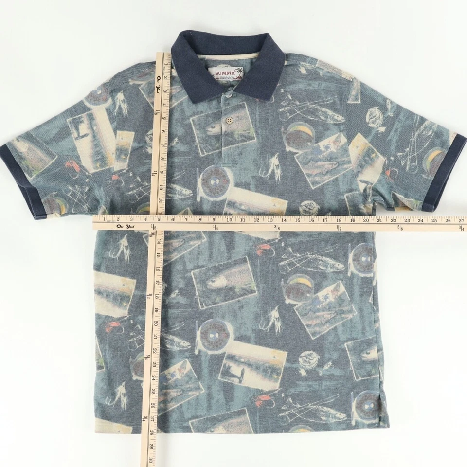 VTG Summa Trout Fly Fishing  Cotton All Over Print Polo Shirt Men's L - Image 3 of 4
