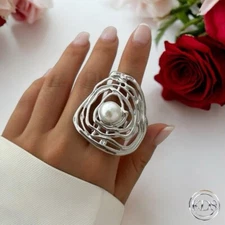 Faux Pearl Accent Shield Statement Cocktail Ring Adjustable Size Closed Back