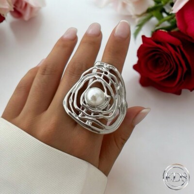 Faux Pearl Accent Shield Statement Cocktail Ring Adjustable Size Closed Back