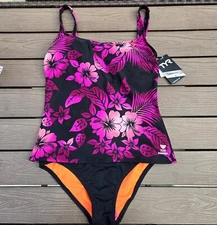 TYR Hawaiian Tankini W/ Black Bottom 2 Piece Pink/black Floral Swim SZ 8 New