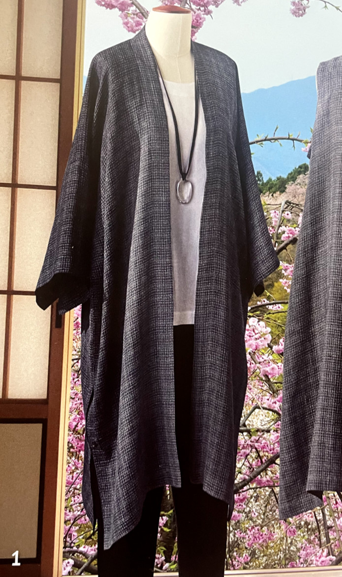 New Eskandar 0 OS Navy Check Crinkle Gauze Linen Lightweight 43"L Duster Jacket image 2