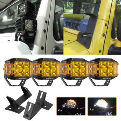 AUXBEAM 3'' 4'' LED Light Pods & A-Pillar Mount Bracket for Jeep Wrangler JK 07-18