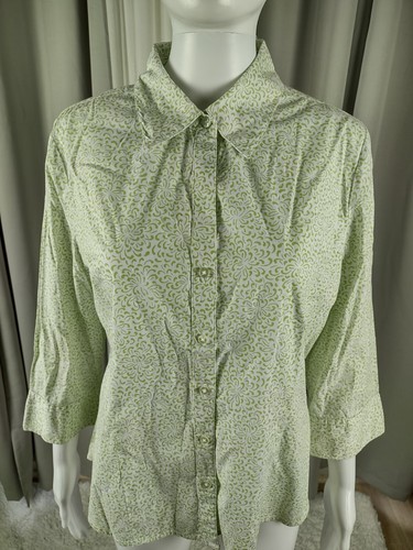 Kim Rogers Cotton Blend Green White Floral Pattern Button Down Shirt Size Large - Picture 2 of 12