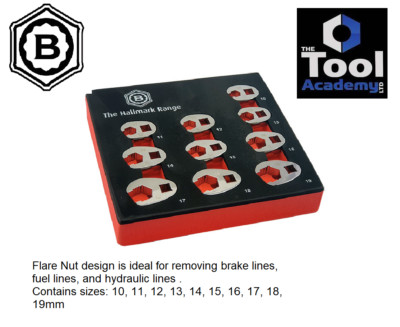 Britool Hallmark 10pce Flared Crows Foot Wrench Spanner Set In Foam 10-19mm