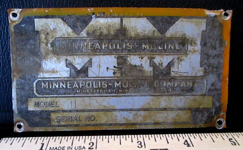MM Minneapolis Moline Co. U Tractor Serial Number Plate ID Tag Sign Data Emblem