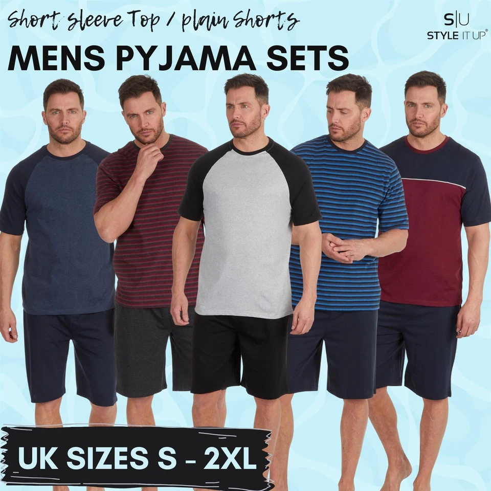 STYLE IT UP Mens Pyjamas PJ Set Short Sleeve Jersey Crew Neck Lounge Top Shorts Cotton Rich