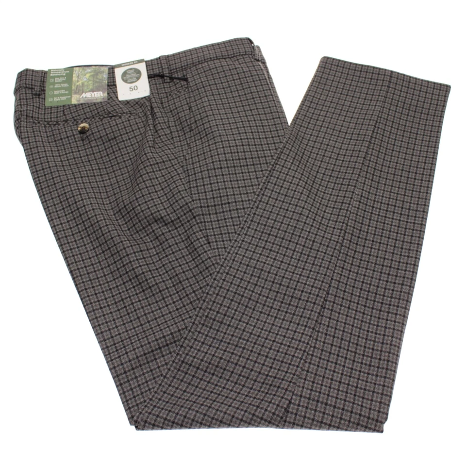 Meyer 全新带标签平底正装裤子 50 34 码美国波恩灰色棕色格子羊毛混纺 — 第 2/4 张图片