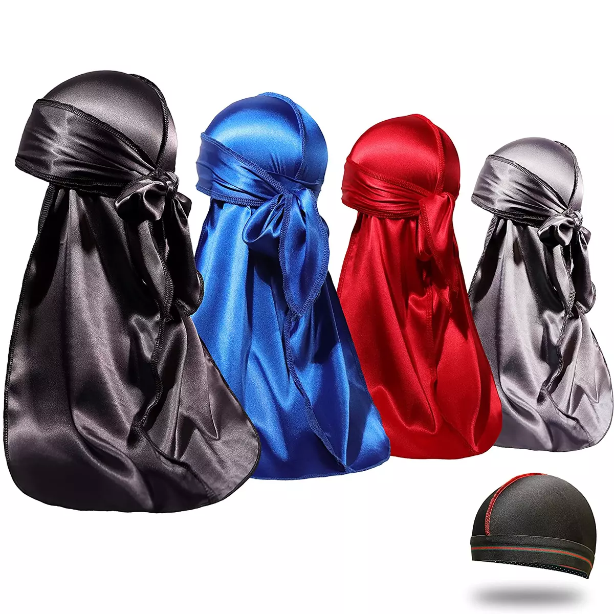 4PCS Silky Durags for Men Women 360 Waves with 1 Wave Cap, Silky