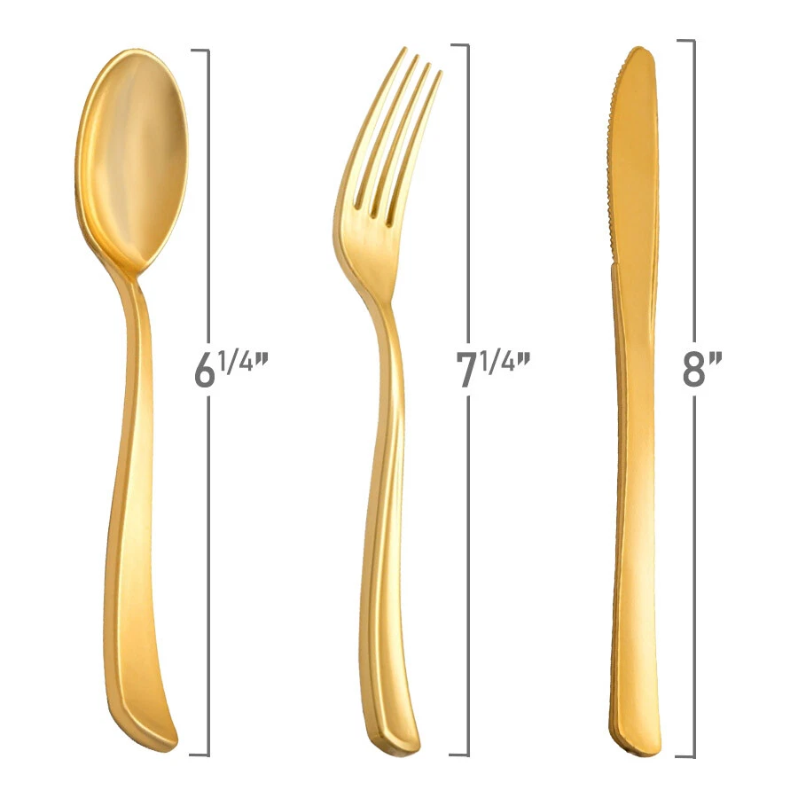 Cubiertos de plástico desechables cubiertos dorados cubiertos metálicos - cuchara tenedor cuchillo Foto 2 de 2