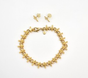 Authentic 7" Premier Designs Gold Plated Circles & Crosses Tennis Bracelet w/Stud Earrings