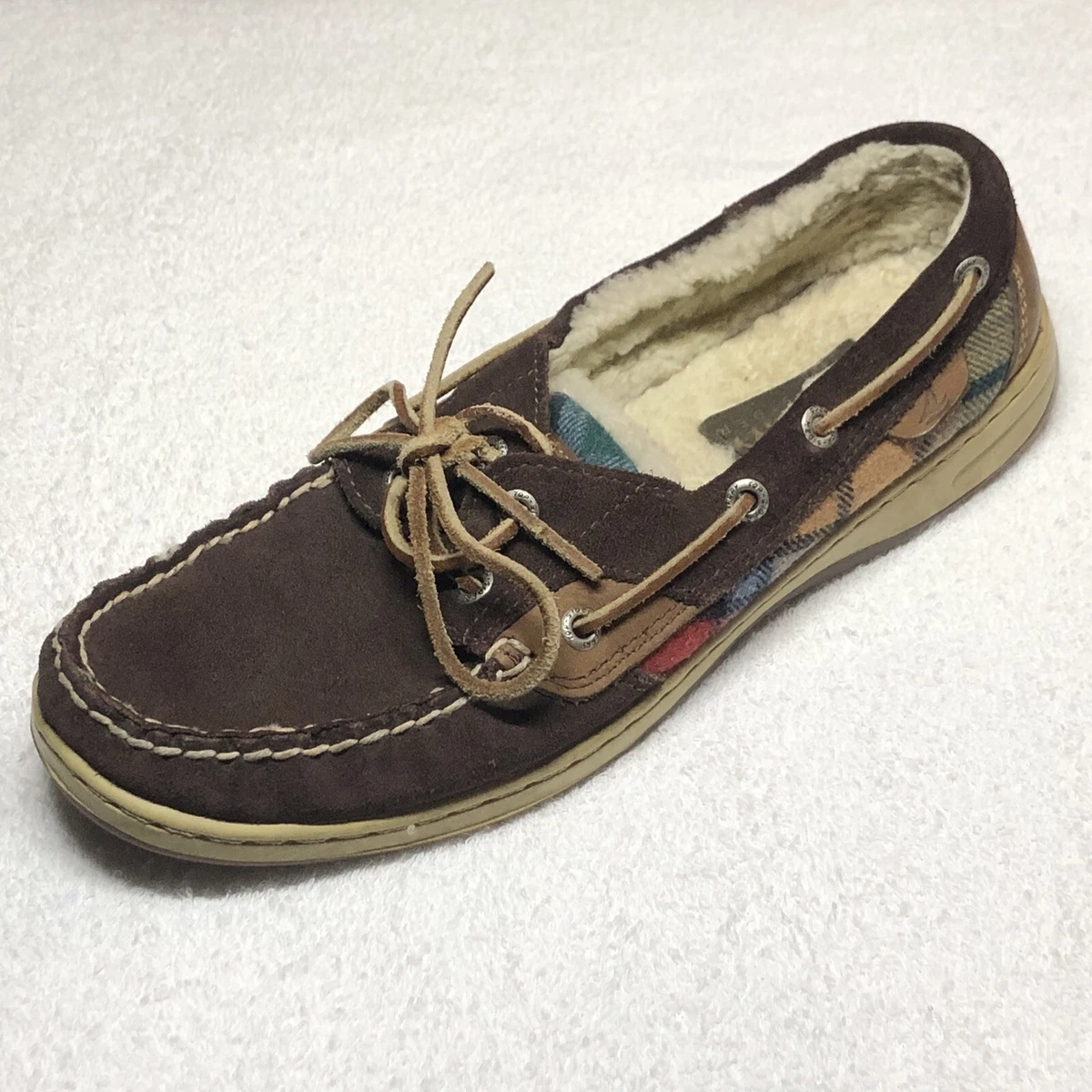 Sperry Top Sider Boat Shoes Womens 9M Brown Suede Plaid Fur Lined