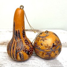 Juego de adornos de calabaza peruana lúcuma tallados a mano y quemados diseños cactus e hiedra
