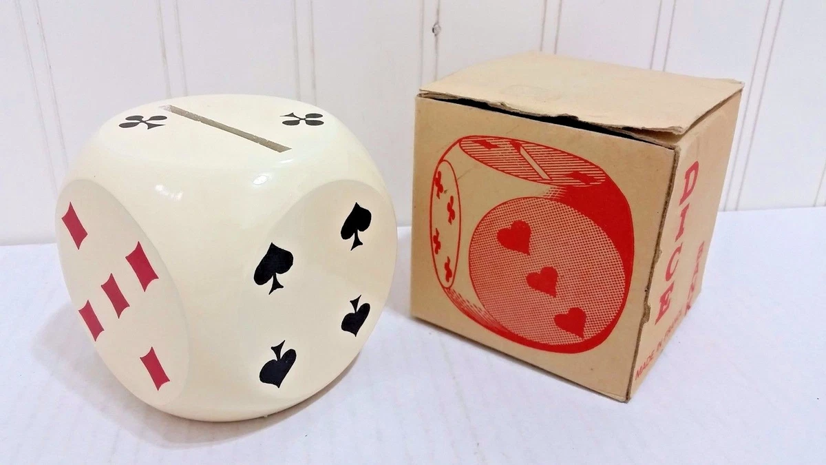 Vintage DICE Bank Made in France Wooden Die Poker Playing Cards Suits +Box & Key