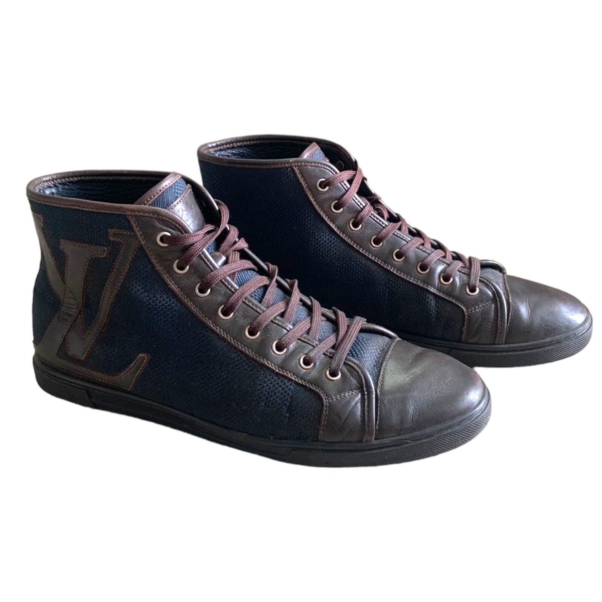 【Louis Vuitton】Ebene canvas high-top sneakers【ランク:A】 LOUIS VUITTON Brown/Blue Damier Ebene Canvas&Leather High