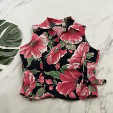 St Johns Bay Womens Vintage Y2k Wrap Crop Top Size L Black Pink Floral Tie Trim