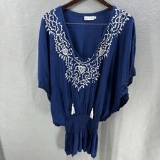 Tiare Hawaii Mini Dress Womens One Size Margarita Blue Embroidered Boho Dolman