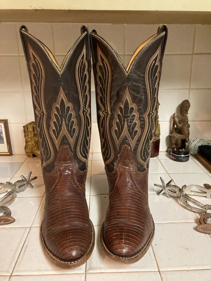 TONY LAMA TEJU LIZARD VINTAGE BROWN TEXAS WESTERN RANCH WORK COWBOY BOOTS 8.5 E - Image 3 of 4