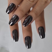 24 Medium Press on Nails kit glue on gunmetal gray chrome mirror coffin