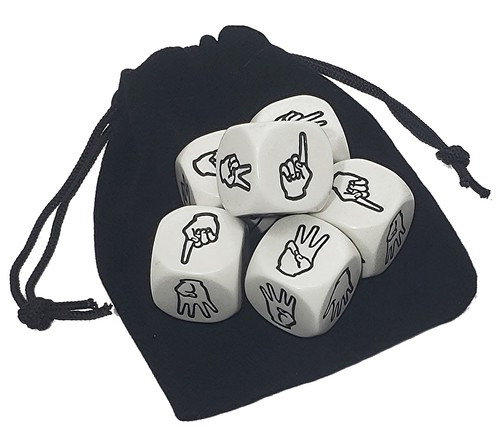 (6) 20mm Sign Language Dice Numbers White Black Rounded Corners + Storage Pouch