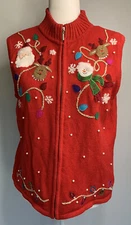 Christmas Vest Vintage Beads Red L Large Santa Zipper Ugly Studio Joy