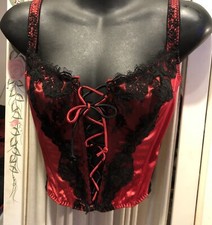 Vintage Red Satin with Black Lace Up Boned Bustier by Delicates - Size Small