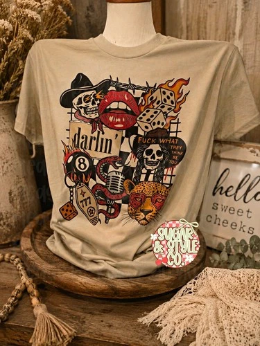 Beige Unisex Adults L Crew Neck Short Sleeve Jersey T-Shirt Skull Graphic Print - product listing photo
