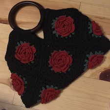 Handmade 3D Rose Lined Crochet Bag with Wooden Handle