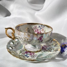 Vintage Bone China Lusterware Footed Teacup Pierced Saucer Wildflowers Japan