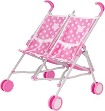 Twin Stroller | Pink Polka Dot Double Dolls Pram for Kids Age 2+ | Tandem Pushc
