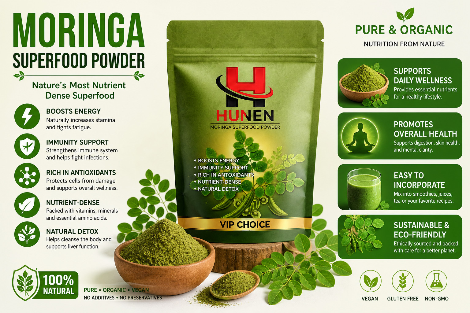 HUNEN Organic Moringa Powder 100% Natural Superfood Energy Immunity Detox Vegan