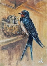 Original Oil Wildlife Painting Birds Art Realism Swallow Nest Nature Canvas