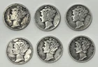 Lot of 6 Mercury Dimes 90% Silver Minted 1926 - 1943