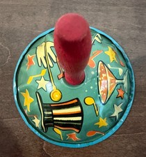 Vintage 1930s T. Cohn Tin Litho Noisemaker Bell Red Wood Handle Clown Circus Toy