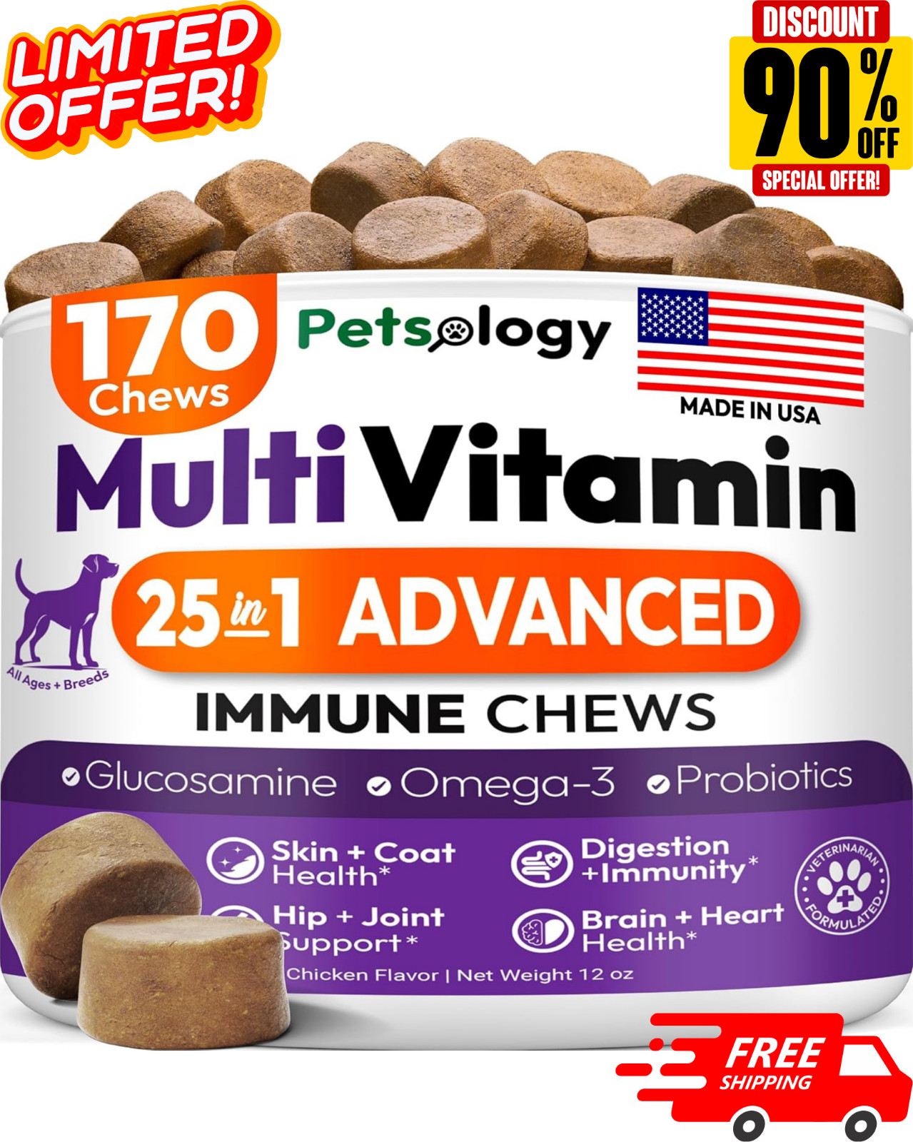 Dog Multivitamin Chewable - Dog Vitamins and Supplements with Glucosamine - 170