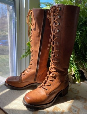 Frye Melissa Tall Lace-Up Boots, side Zipper, Women's  7M Cognac Made in the USA