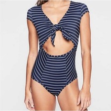 Athleta Navy Blue White Striped Tie Front Cutout One Piece Swimsuit Size M