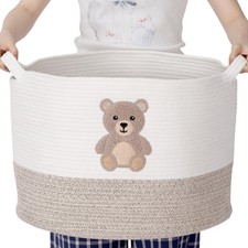 Bear Extra Large Cotton Rope Basket 20"x14", Embroidered Woven Baby Laundry B...