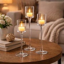 Clear Glass Tealight Holders Set of 3 Tall Stemmed Candle Stands Wedding Decor