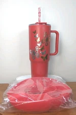 PRIMULA 40 OZ TUMBLER W/ LID, STRAW,   Red NEW & Snack Tray Cricut Butterflies 